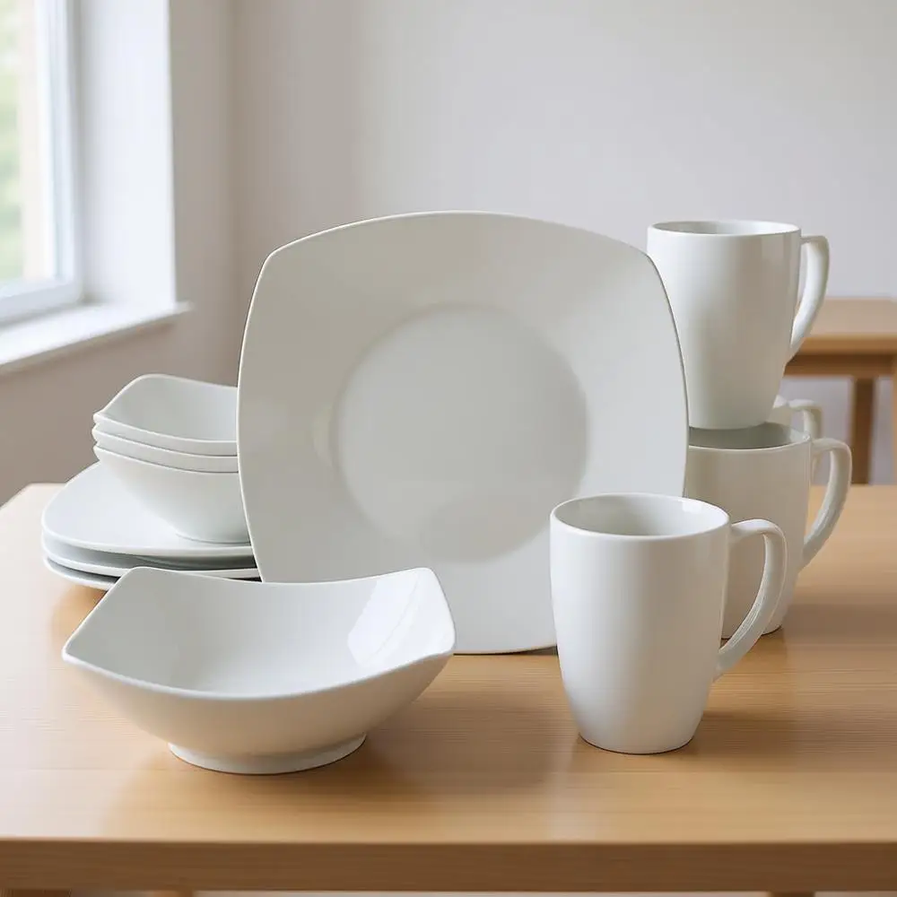 

Набор фарфоровой посуды, устойчивой к царапинам и сколам, на 4 персоны (12 предметов), белый (квадратный)