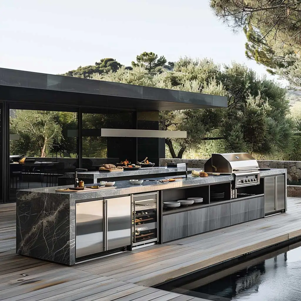 Modern I-shaped Outdoor BBQ Kitchen Cabinet Set with Waterfall Stone