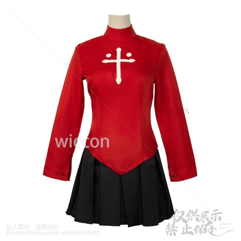 Juego de Anime Fate Stay Night, disfraz de Tohsaka Rin, camisa roja, falda, vestido, peluca de cola de caballo doble de Lolita para Halloween y Navidad