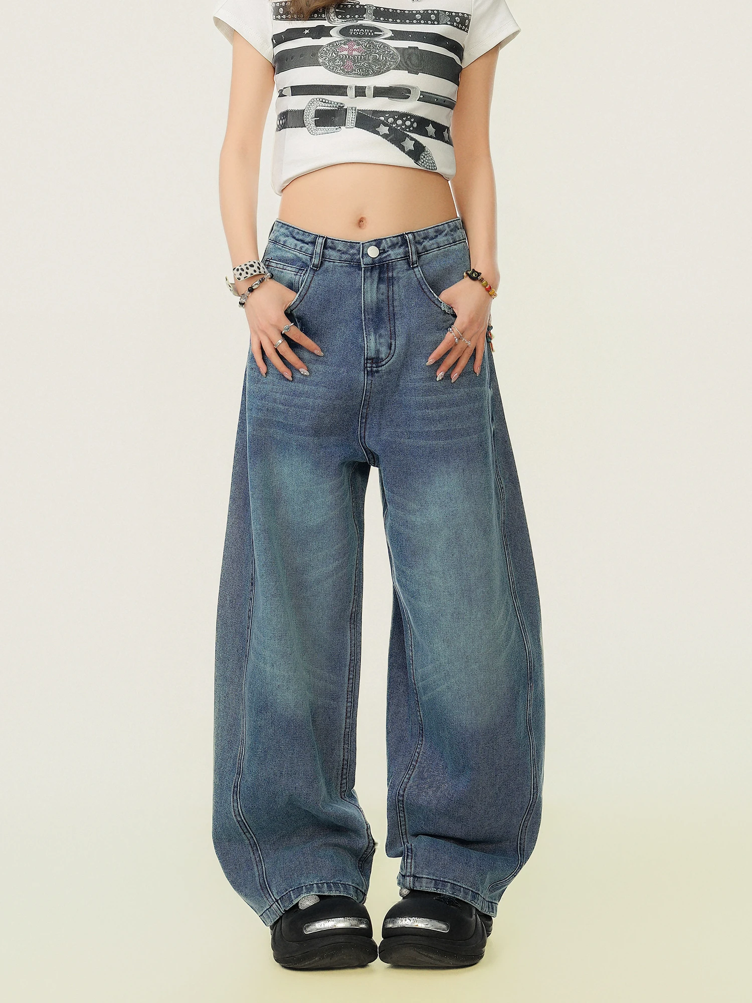 

Retro American Style Wide Leg Jeans Women Loose Fit Versatile Design Straight Cut Natural Waist Polyester Deep Blue Casual Wear