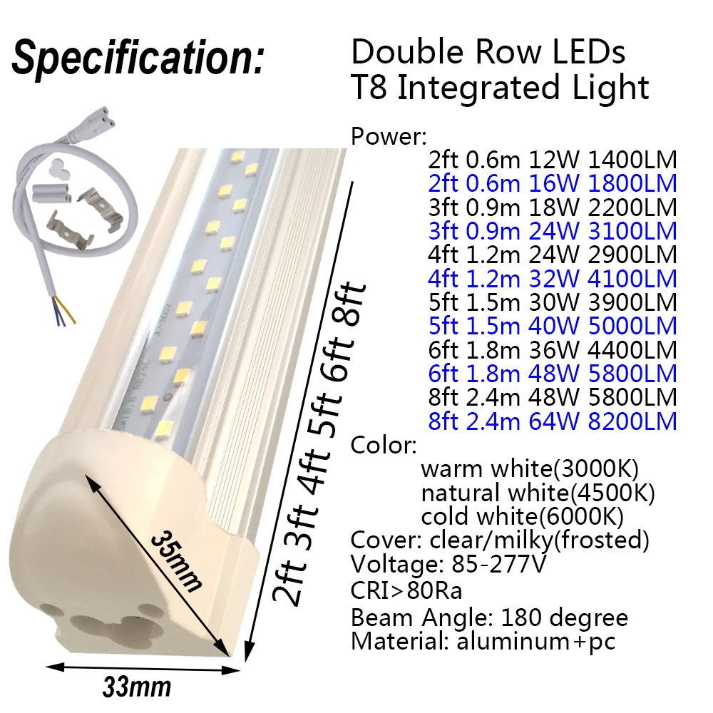 Double Row LED Tube Lights 2ft 3ft 4ft 5ft 6ft 8ft Super Bright Twin Bar Lamp T8 Integrated Bulb Fixture with fittings