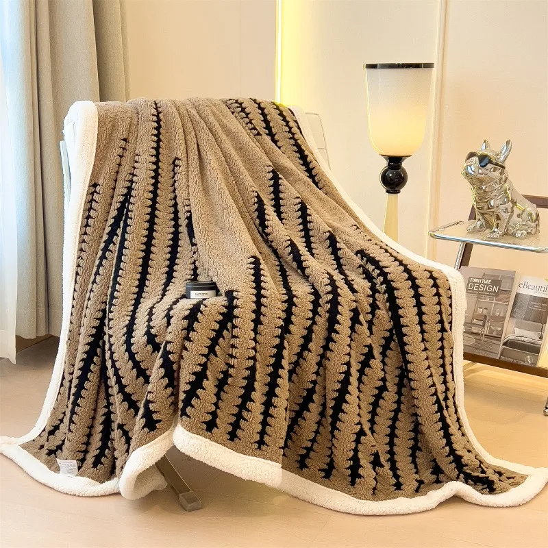 Multi Purpose Fishbone Pattern Jacquard Blanket Winter Thickened Warm Lamb Wool Nap Shawl Soft Sofa Cover for Living Room Office
