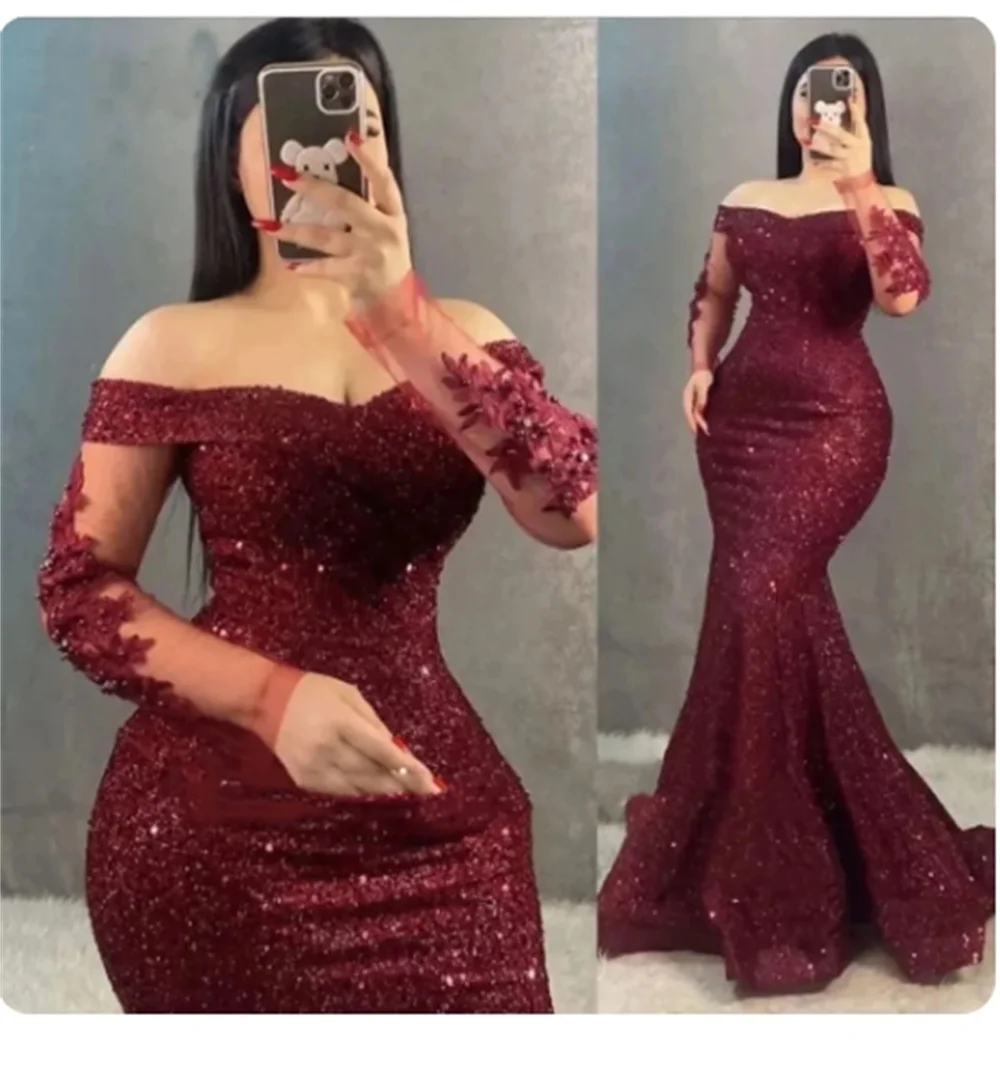 

Off-Shoulder Formal Occasion Dress Boat Neck Sparkly Sequin Mermaid Lace Appliques Evening dress Floor-Length Prom Party Dress