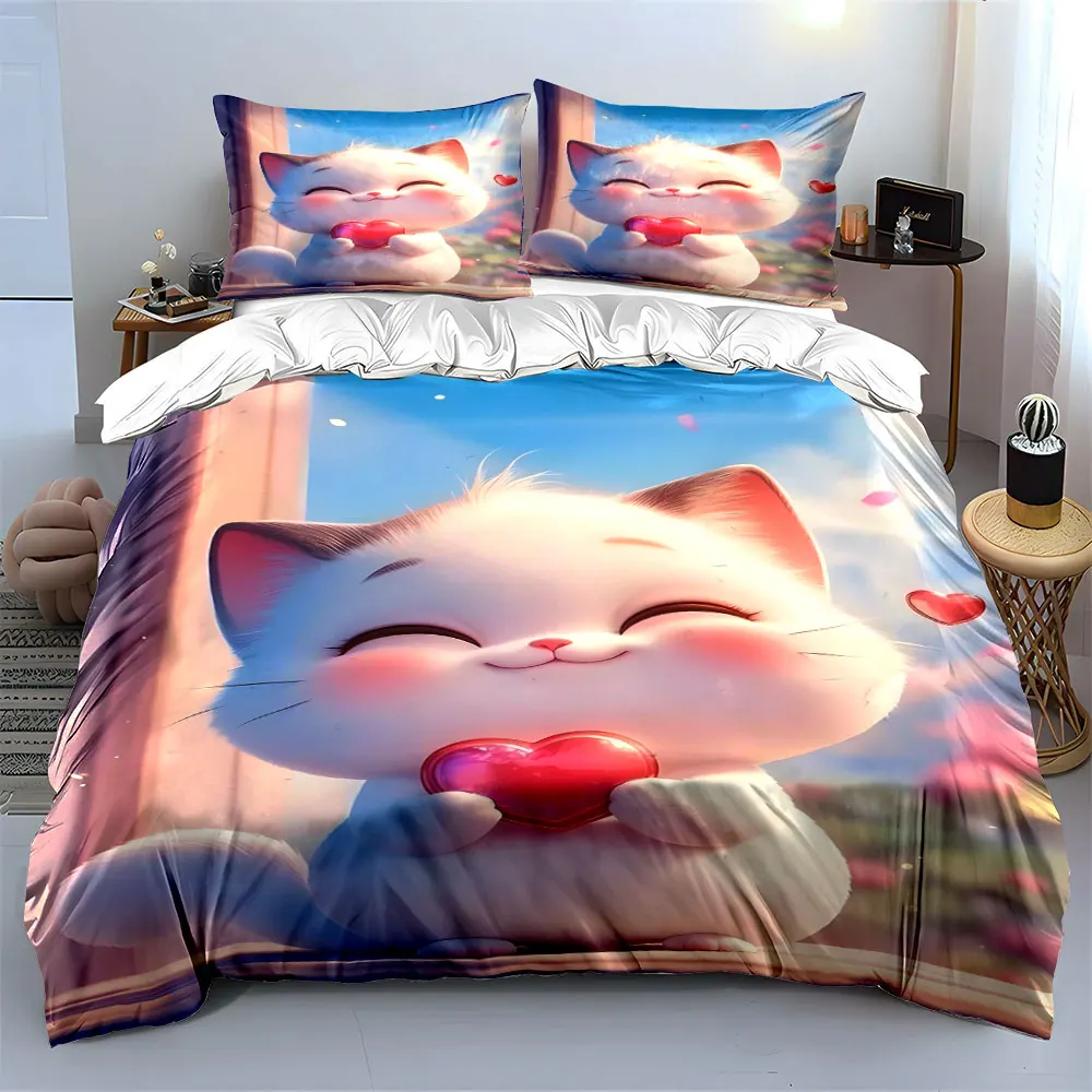 White cat holding red crystal heart Print Bedding Set 1 Duvet Cover 2 Pillowcases for Adult and Children Luxury Gift Full Size 3