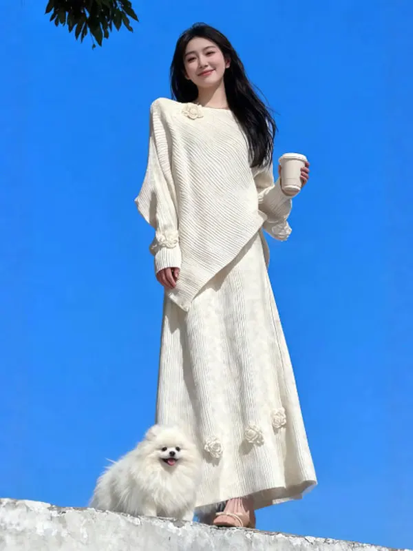 

Мягкий вязаный асимметричный комплект с юбкой-свитером, удобный длинный круглый комплект из смеси хлопка Ne, осенний ансамбль Faion для женщин