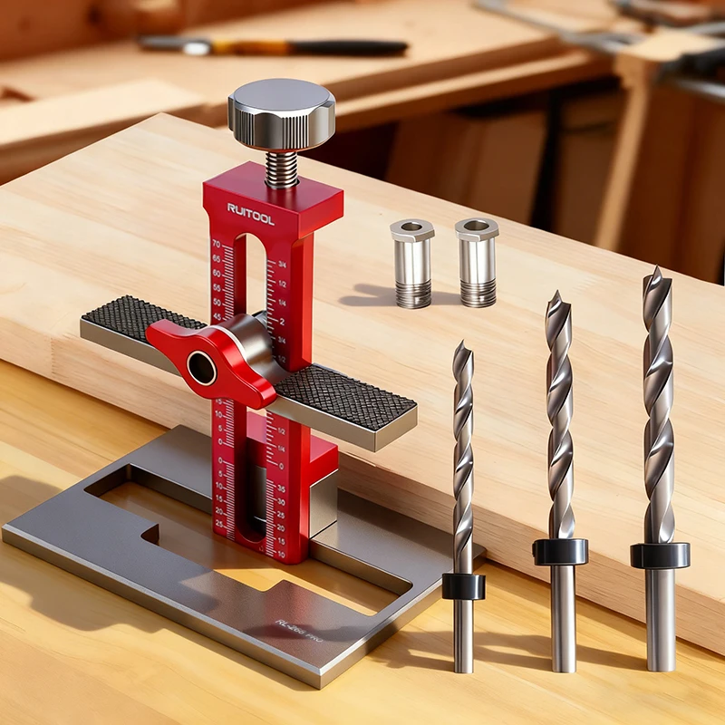 

3-in-1 Adjustable Cabinet Door Jig 1/4'' 5/16'' 3/8'' Bits - Quick-Release Stable Base, Precision Drilling for Woodworking DIY