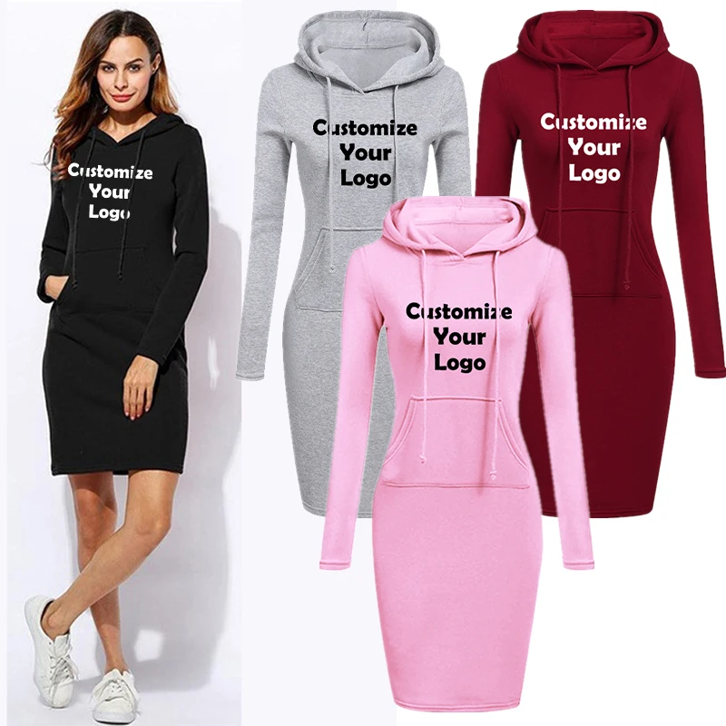 Customized Autumn Winter Fashion Sweatshirt Dresses for Women Pocket Hooded Casual Dress Solid Color Long Sleeve Mini Dress