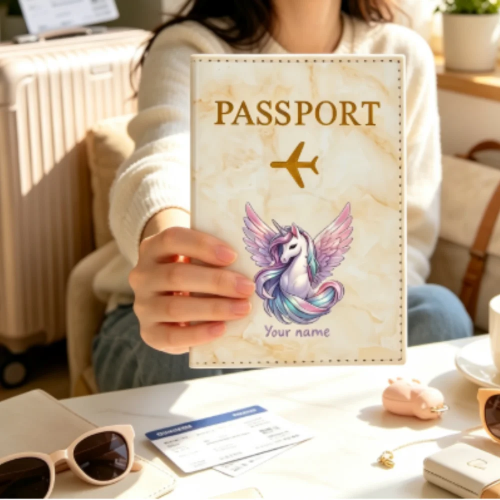 Customized Personalized Name Winged Unicorn Illustration PU Passport Holder, Dreamy Style Travel Accessory