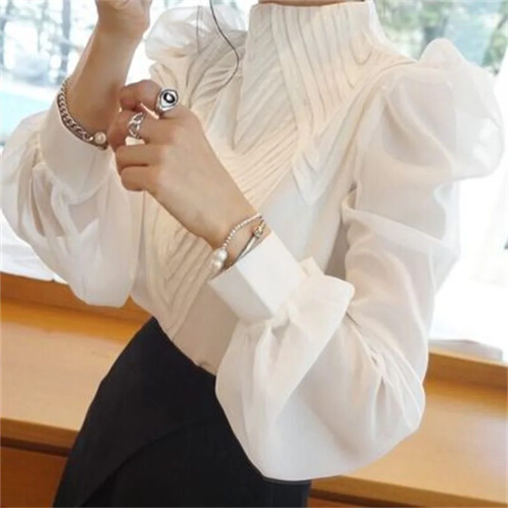 New 2023 spring autumn Women puff Sleeve Stand Collar Chiffon Blouses office Ladies tops shirt