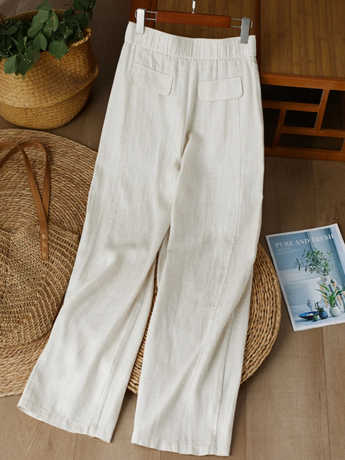 Cintura alta perna reta calças de perna larga feminina algodão linho versão estreita retro sle casual calças compridas início do outono