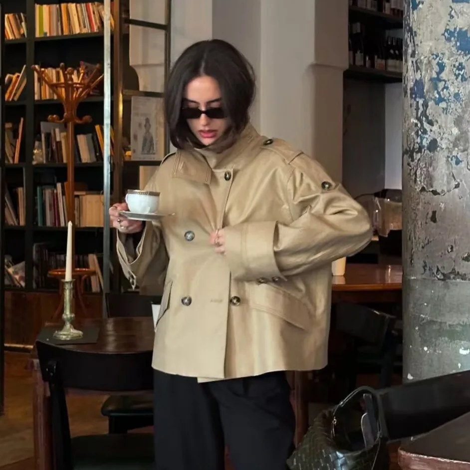 

Elegant Women's Autumn Trench Coat Turn Down Collar Double Breasted Spliced Lady's Jacket Commuting High Street Coat For Female