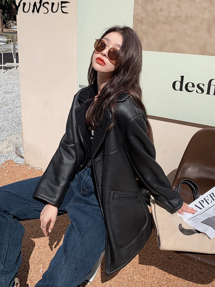 AYUNSUE 2025 신상 시어링 코트 여성 중간 길이 100% 천연 양털 코트 여성 의류 고품질 털 코트 아브리고 무헤르