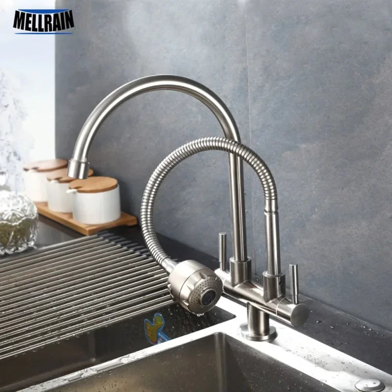 

Double tap head single cold kitchen faucet free rotation Multipurpose 304 stainless steel single hole sink water tap