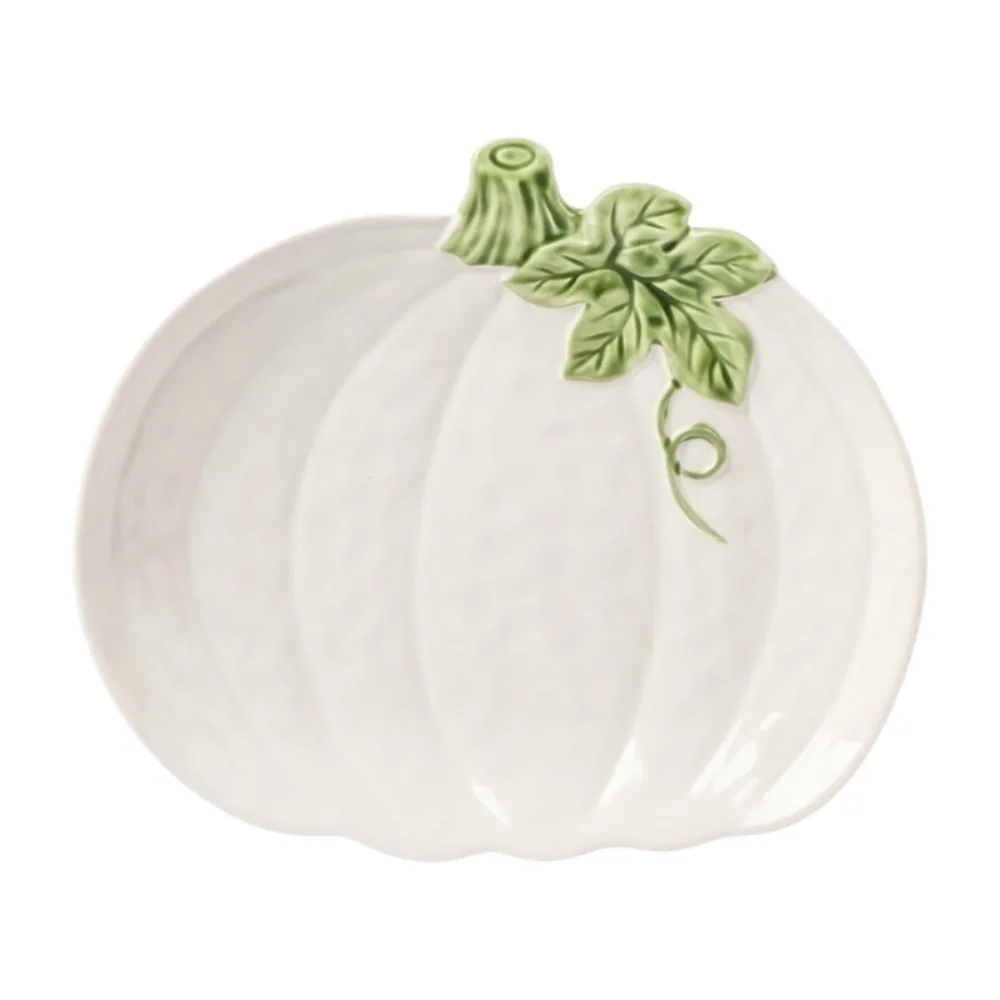 3D Embossed Pumpkin Ceramic Tableware Set Relief Pumpkin Leaf Design Bowl Plate Sauce Dish Gravy Boat Creative Home Kitchen