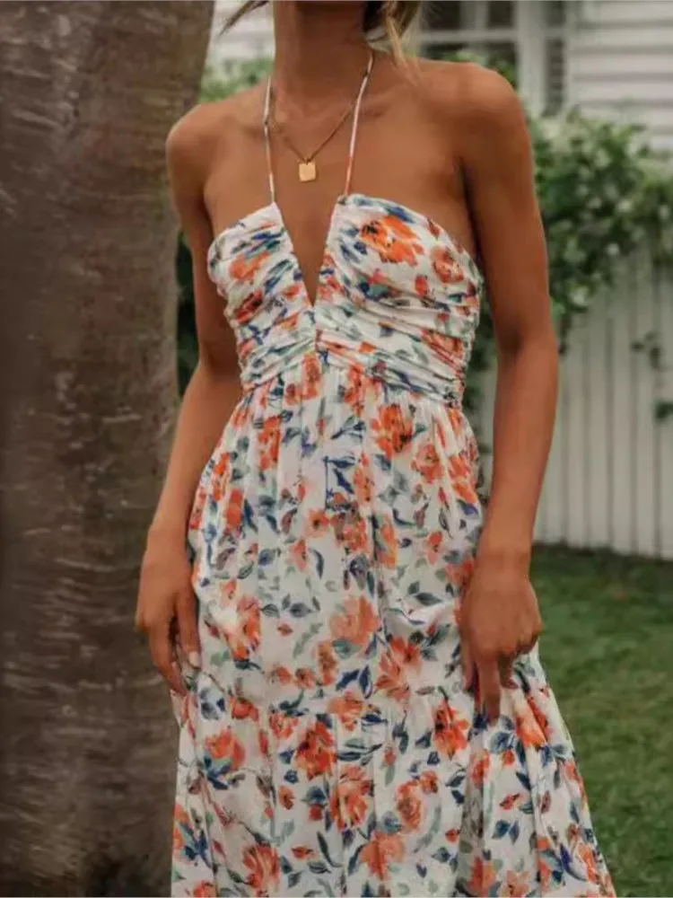 Vestido longo com estampa de flores para as mulheres, vestido sexy com pescoço halter, sem encosto, moda, praia, férias, na moda, beachwear