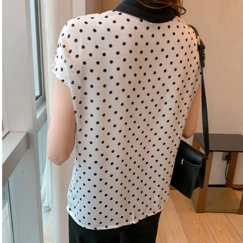 2024 Summer New Polka Dot Shirt Women's Short Sleeve Thin Blouse Top