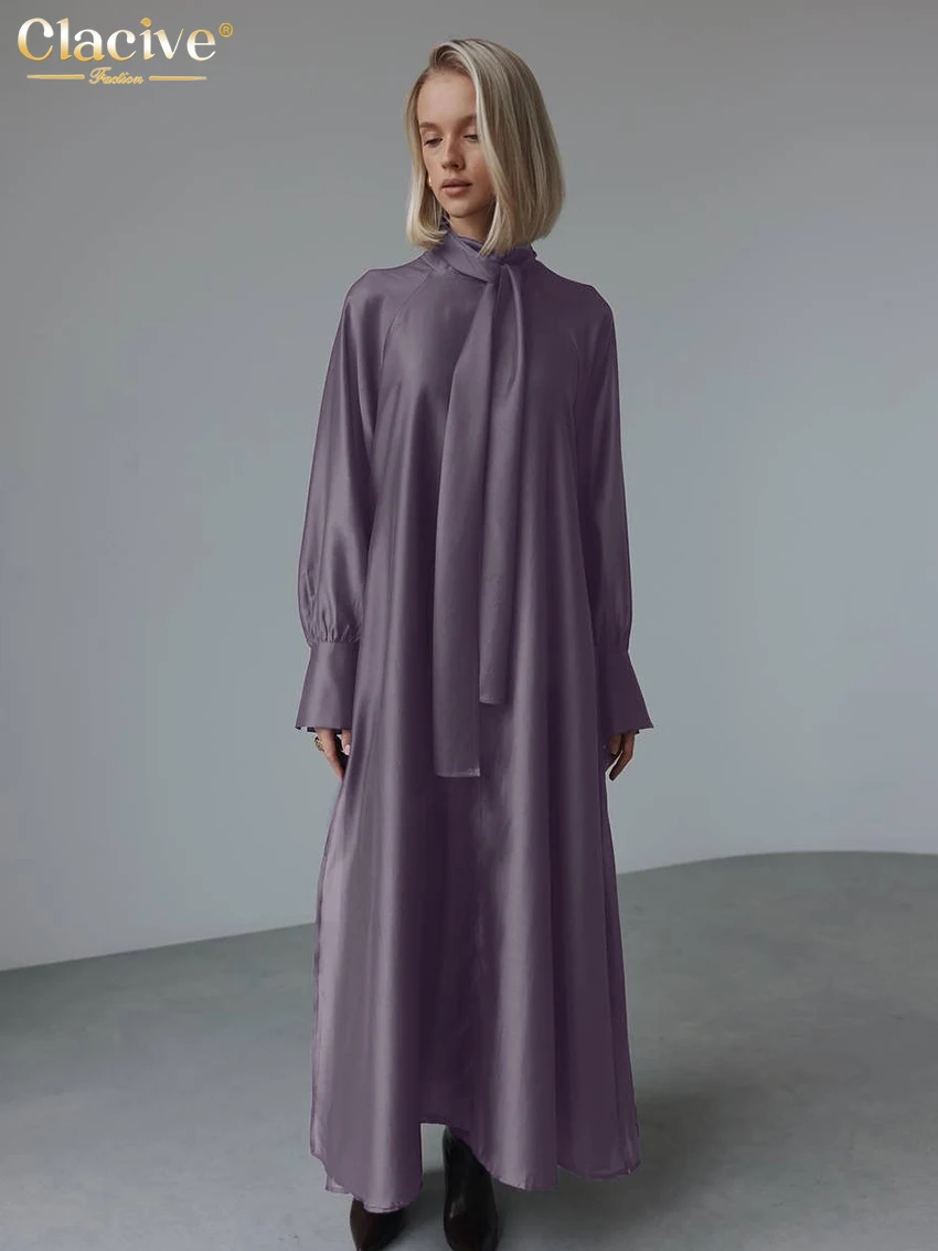 Clacive Casual Loose Khaki Women Dress 2025 Fashion Stand Collar Long Sleeve Ankle Length Dresses Elegant Backless Female Dress