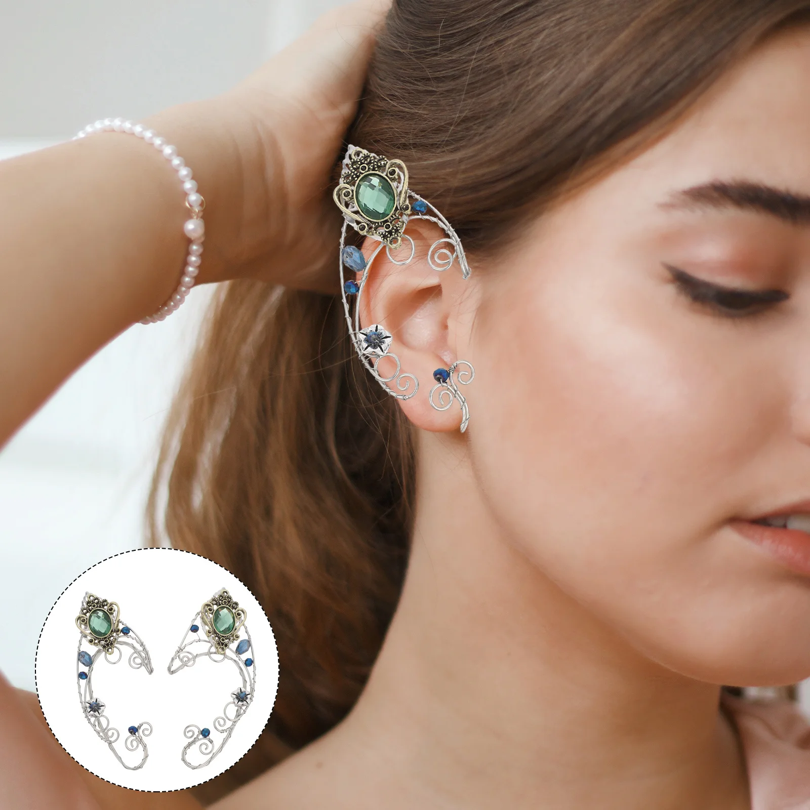 

2Pcs Green Crystal Fairy Ear Cuffs Non-Piercing Wrap Earrings Women Handmade Bridesmaid Jewelry Elegant Design
