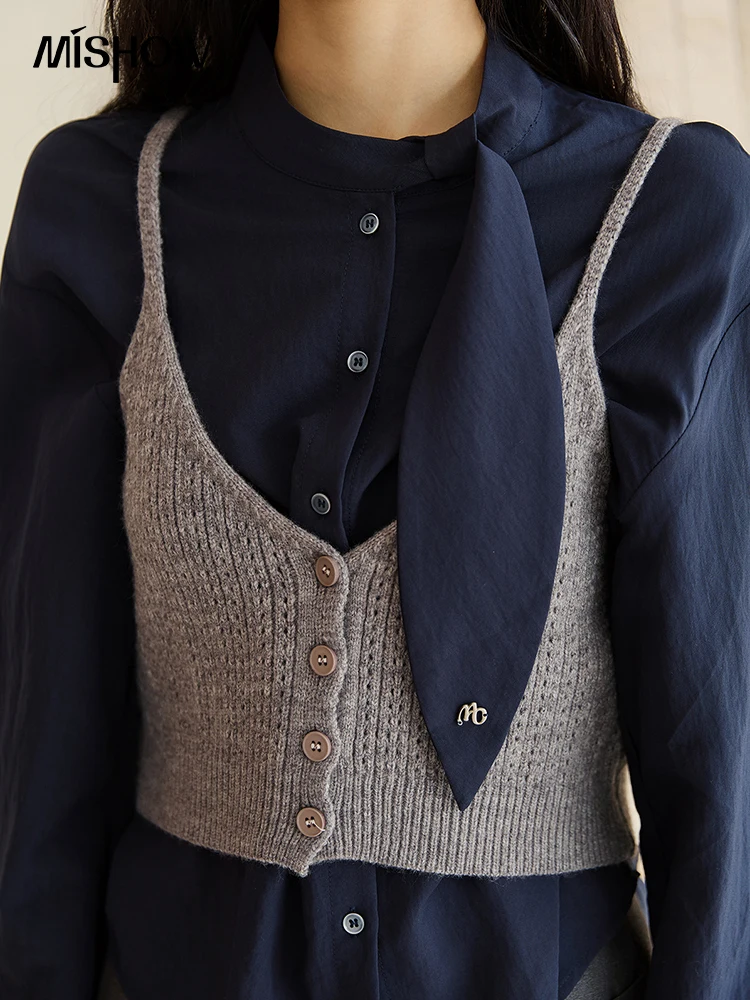 MISHOW Frau Hemd Set 2025, Herbst Mode Neue Marineblau Band Design Layered Hemd Stricken Leibchen Zwei-stück Anzug MXE47T1412