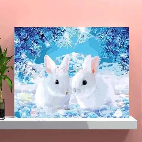 1set DIY digital oil painting cute little rabbit animal framed light color