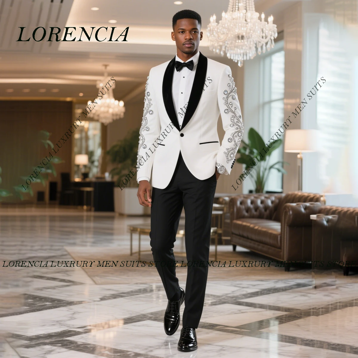 

Customized 2 Pieces Sets Men Suit Glitter Jewel Ornament Wedding Groom Tuxedos Slim Fit Groom Male Blazers High End Ropa hombre