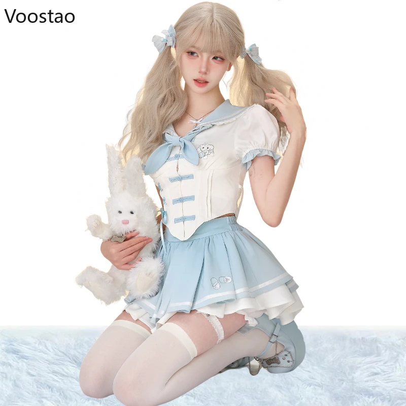 Preppy Style Sweet Lolita Skirt Set Women Cute Sailor Collar Cartoon Print Blouse Tops Mini Skirt Suit Female Korean Y2k Outfits