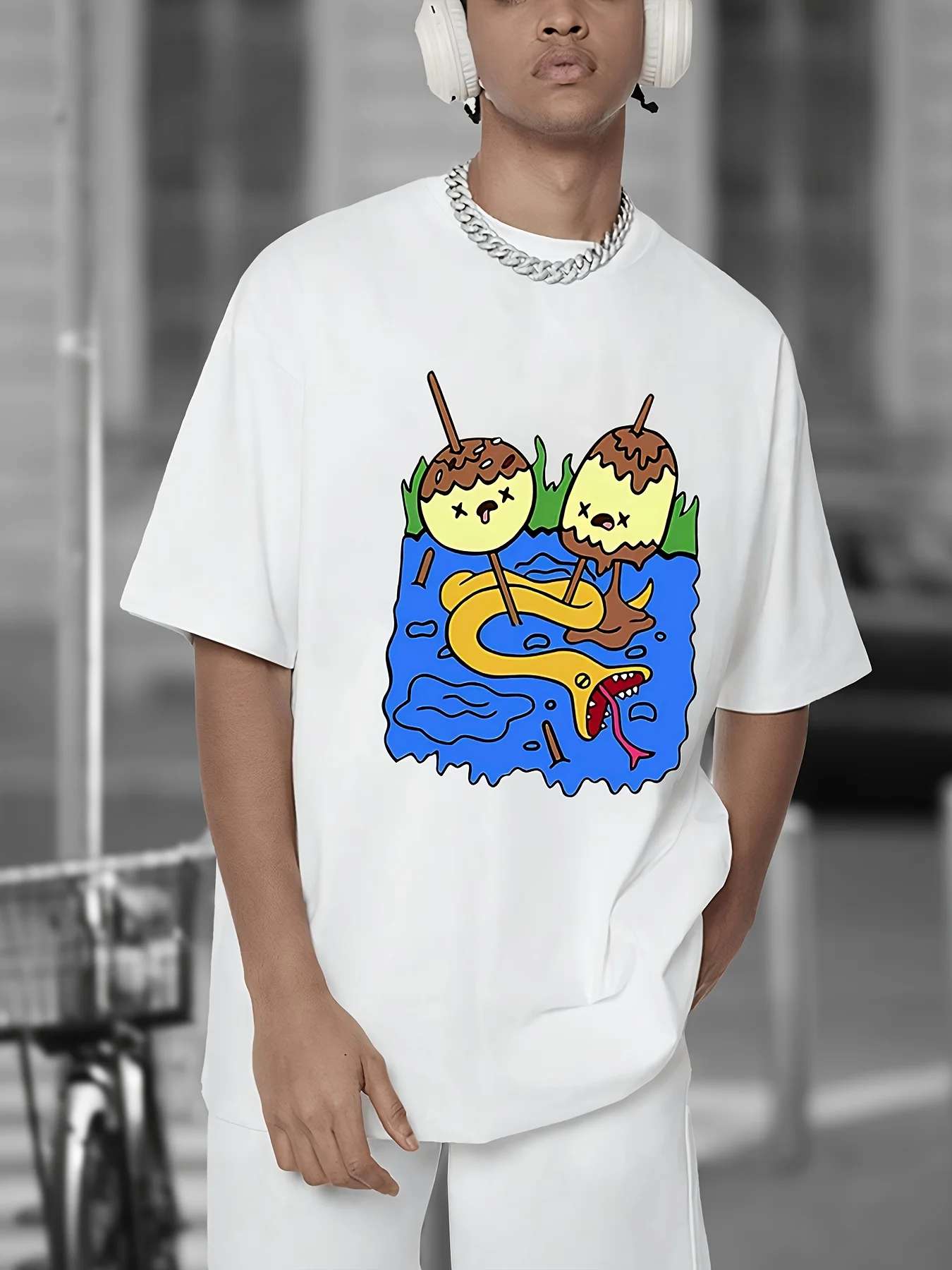 تي شيرت رجالي أسود مع Adventure Time Bubble Gum Princess Rock Jack and Finn Print كاجوال بأكمام قصيرة ورقبة دائرية