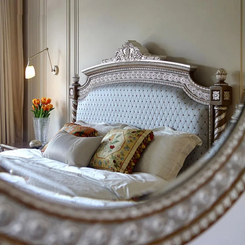 Classic European Royal French Design Solid Wood King Size Bed with Genuine Leather Upholstery Luxury Bedroom Furniture by KENVY