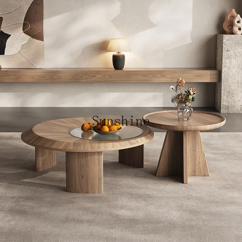 

French retro walnut color round minimalist glass size round combination coffee table