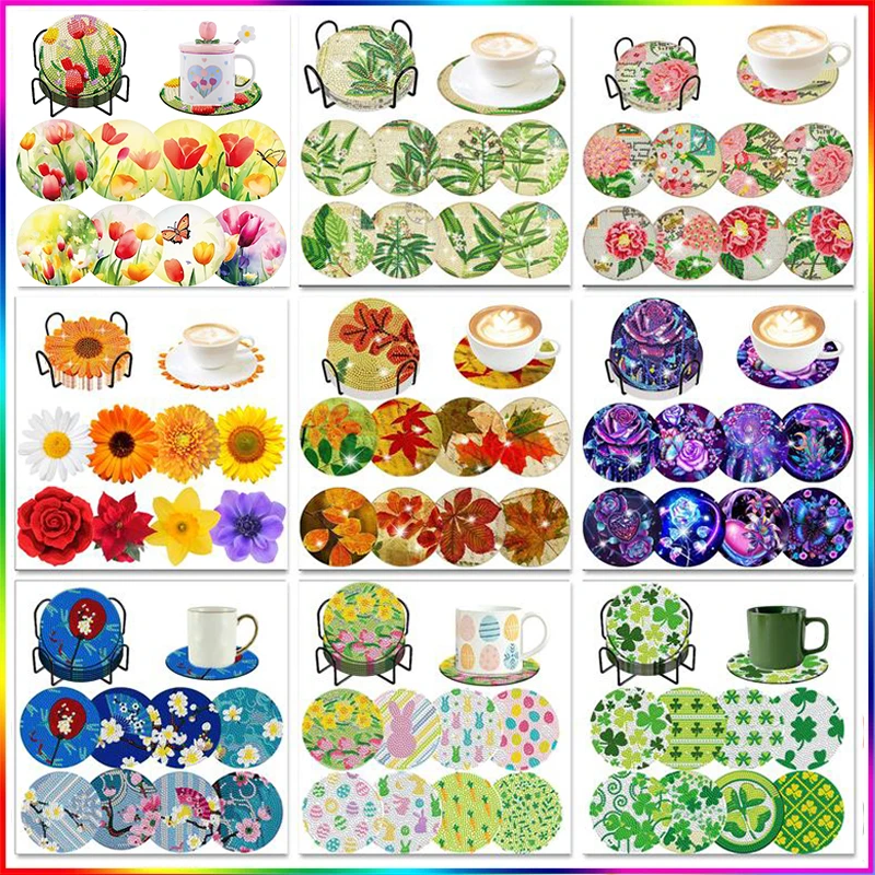 8pc/sets DIY Diamonds Painting Coaster Kits Fresh Flower Non-Slip Rhinestone Mosaic Embroidery Diamond Art Craft Adults Gift