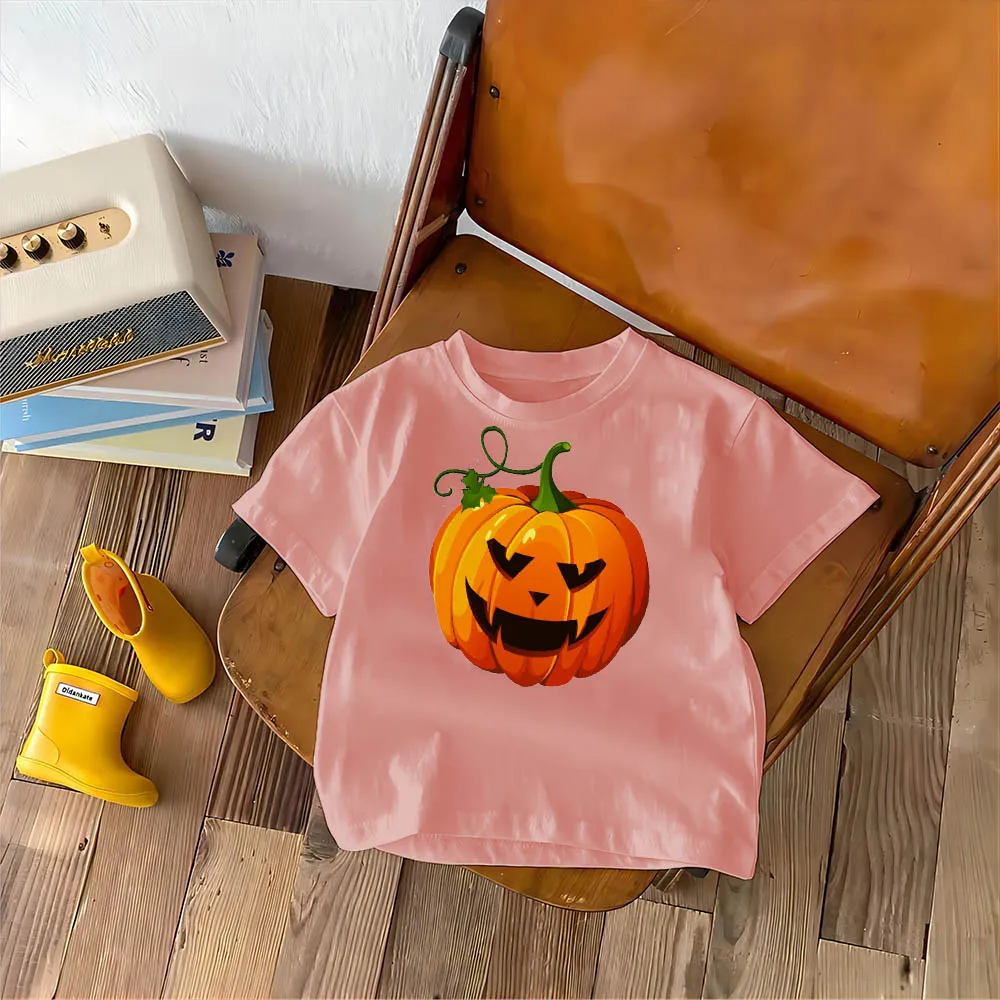 T-shirt estiva in puro cotone per bambini di Halloween Cartoon stampato zucca ragazzi e ragazze bambini sciolti e comodi per il tempo libero