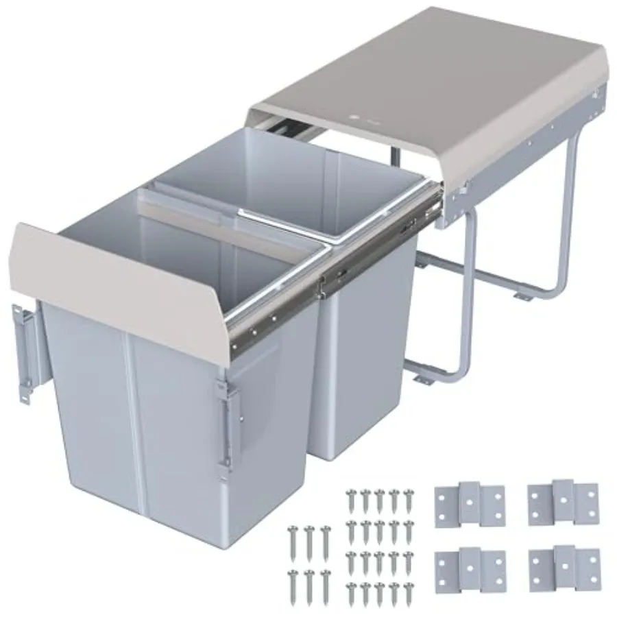 

40L Under Counter Pull-Out Dual Trash Can System, Double Recycling Trash Can with Lid for Cabinet, Sliding Kitchen Waste Bin, G