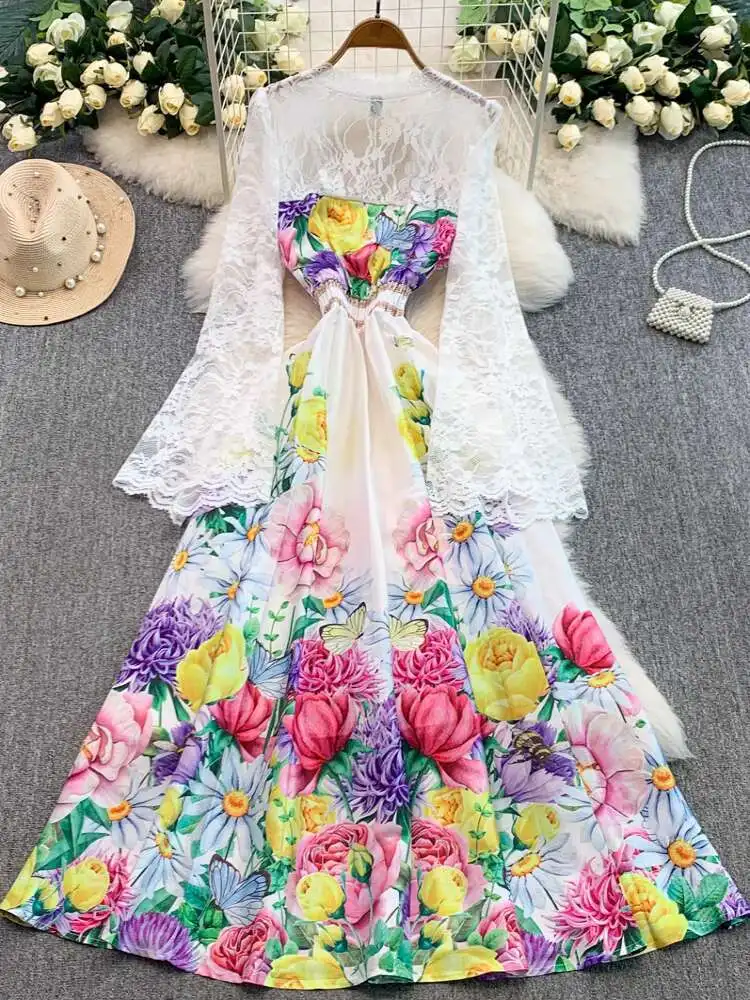 Elegante Formale Stickerei Abendkleid Frauen Sommer Herbst Aushöhlen Langarm Spitze Floral Maxi Kleider Prom Party Vestidos