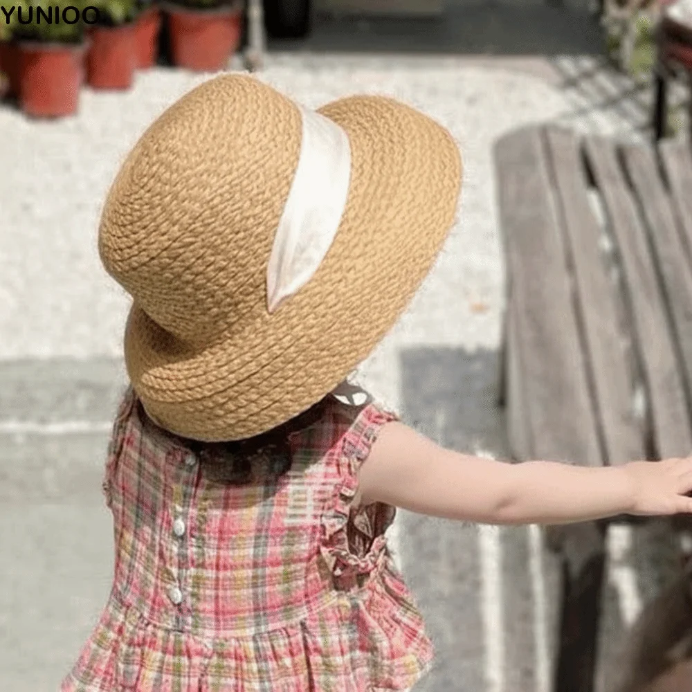 

Large Brim Children Straw Hat Rounded with Lace Toddler Beach Hat Breathable with Windproof Rope Sunshade Straw Cap Summer