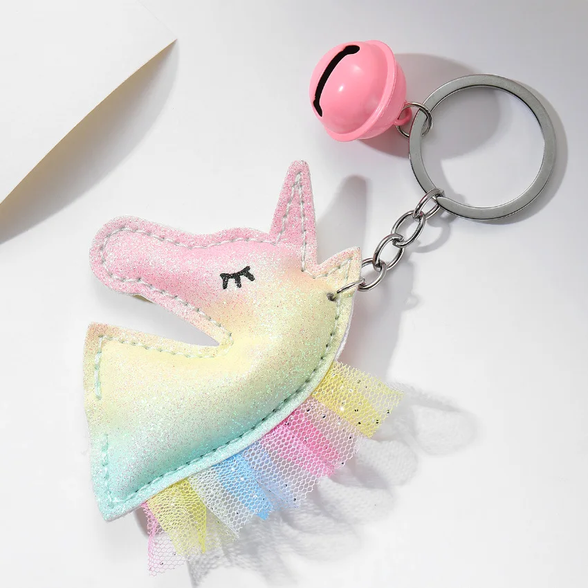 Rainbow Unicorn Keychain Cute Colorful Personalized Leather Bell Bag Small Pendant Car Key Chain Accessory for Girlfriend Gift