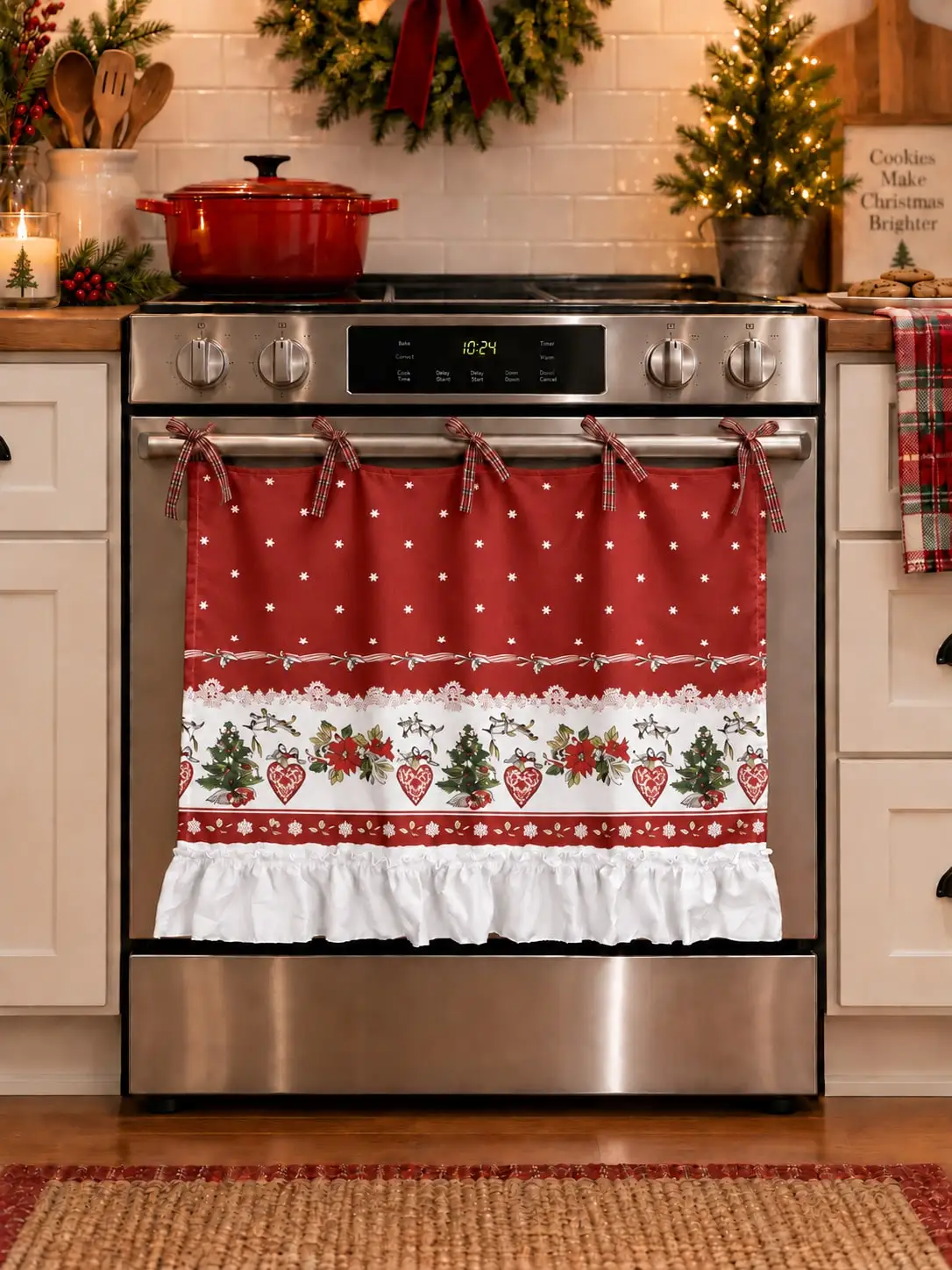 Vintage Farmhouse Christmas Oven Skirt, Soft Polyester Stove Door Curtain with Plaid Bow White Ruffle，Decor for Xmas Kitchen