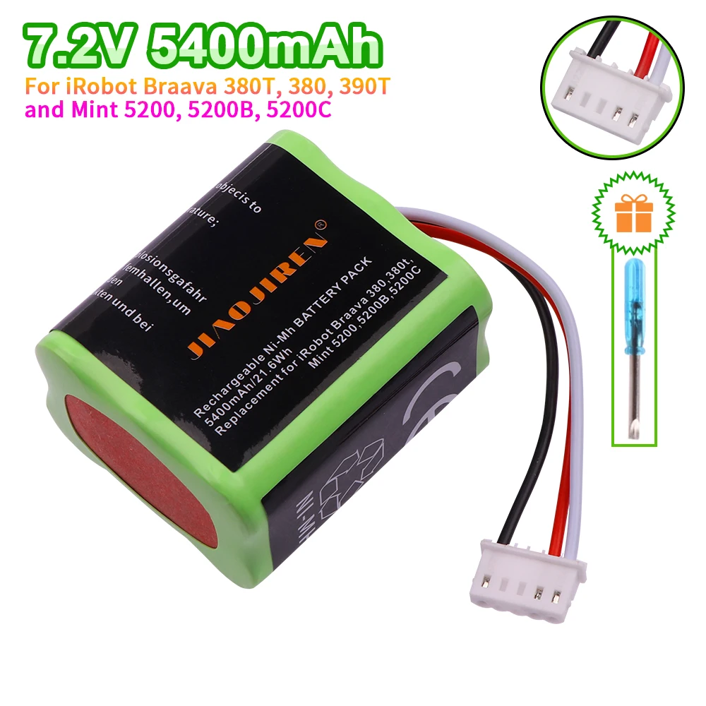NI-MH 7.2V 5400mAh Battery for iRobot Braava 380T 380 390T Mint 5200 5200B 5200C Vacuum Cleaner upgraded high capacity for 380T