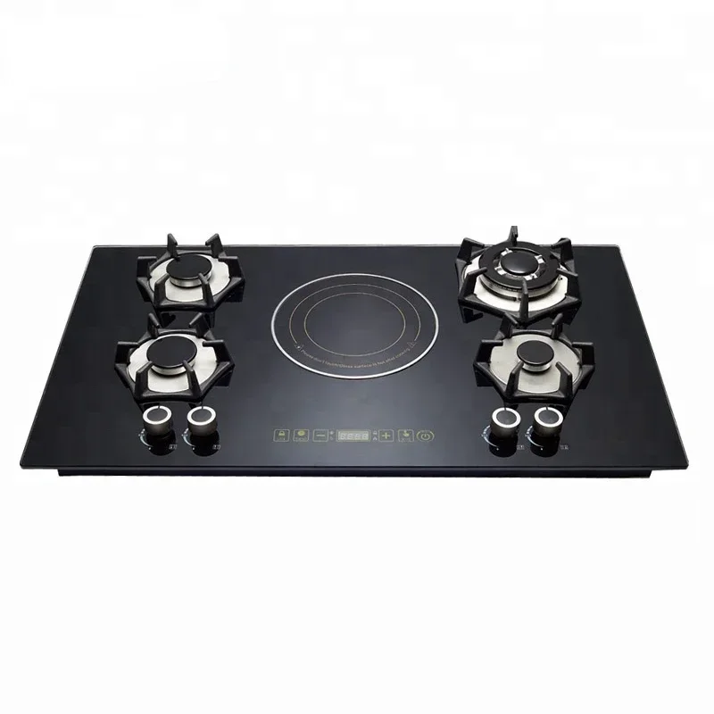 

5 built-in burners on the top of the cooking appliance counter, 4 gas mixing stoves, 1 single electric infrared induction