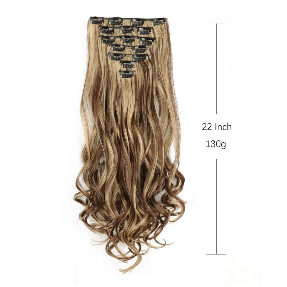 Extensiones de cabello con clip, 7 piezas sintéticas con reflejos, onduladas suaves y largas, 22 pulgadas, gruesas, para mujer 4