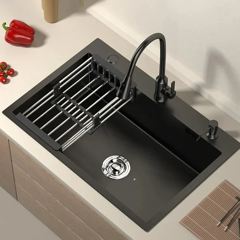 Nano Black Large Single Tank Countertop Basin Stainless Steel Kitchen Sinks Home Kitchen Vegetable Sink Thickened 304 Wash Basin