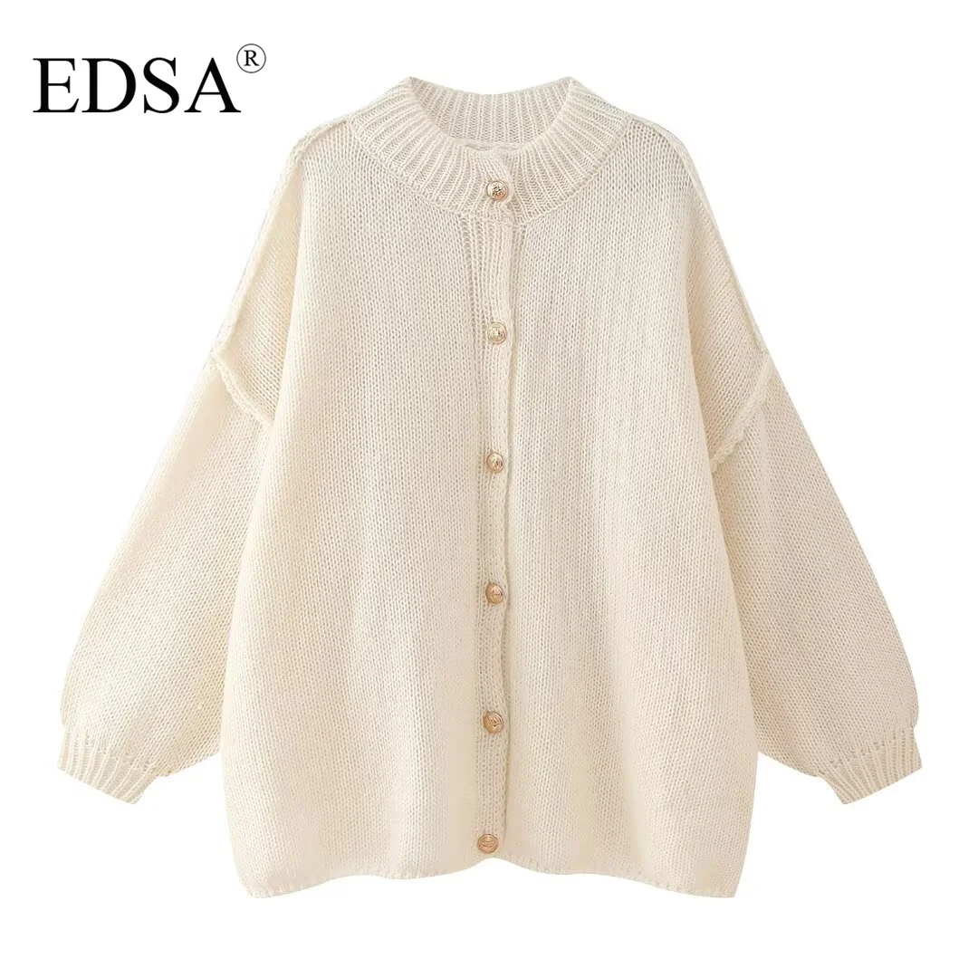 EDSA Women Basic Casual Loose Button Plain Knit Sweater Solid Coat New 2024 Autumn Winter Fasion Lazy Cozy Basic Sweater