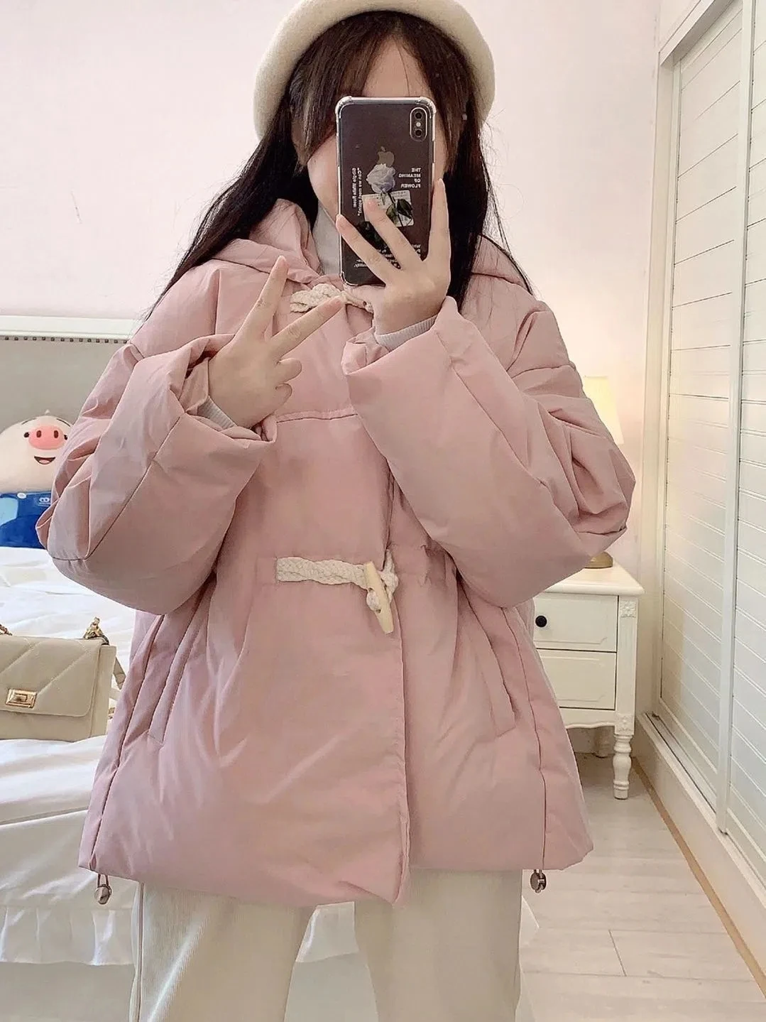 Down Cotton Jacket Women Autumn Winter 2023 New Pink Horn Button Cotton Coat Fashion Casual Version Loose Warm Parkas Womens