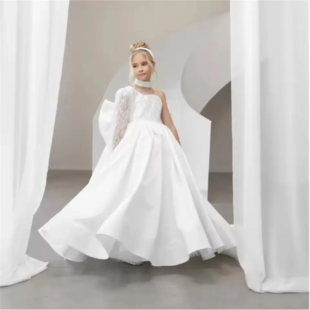 

Elegant Flower Girl Dress For Wedding Customized Sequined Bow Back One Shoulder Dress Girl Baby Birthday First Communion Gown