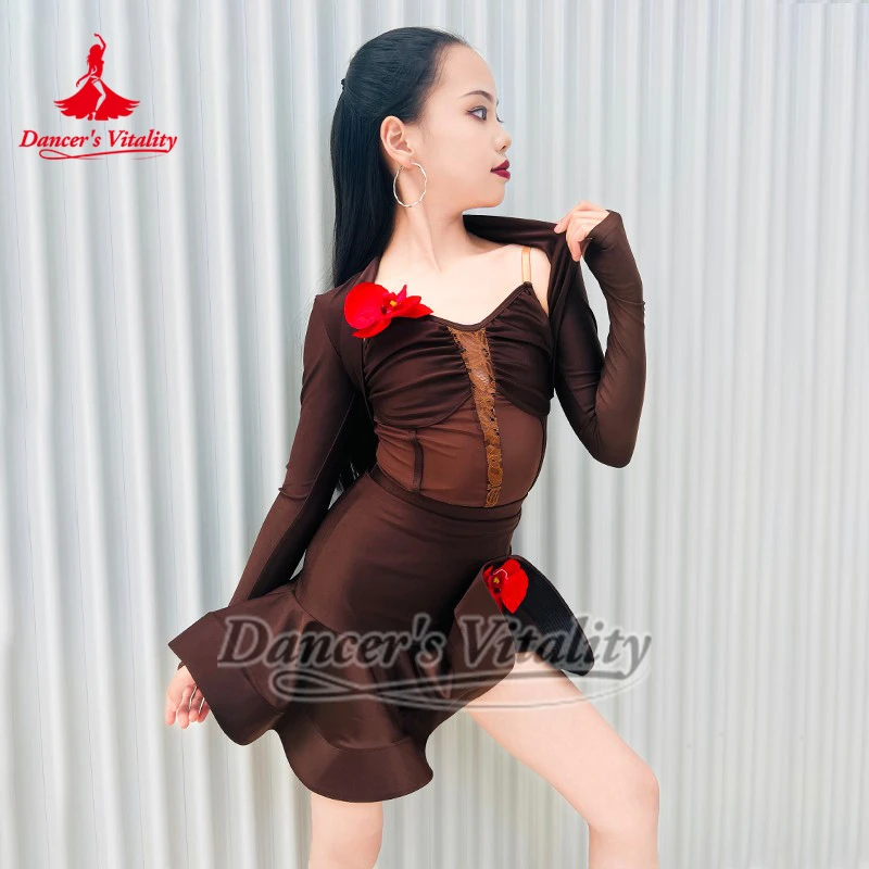 Kinderen Latin Turnpakje + Rok + Bovenkleding Mesh Splicing Training Danskleding Danser Vitaliteit Tieners Chacha Samba 3-delig Pak