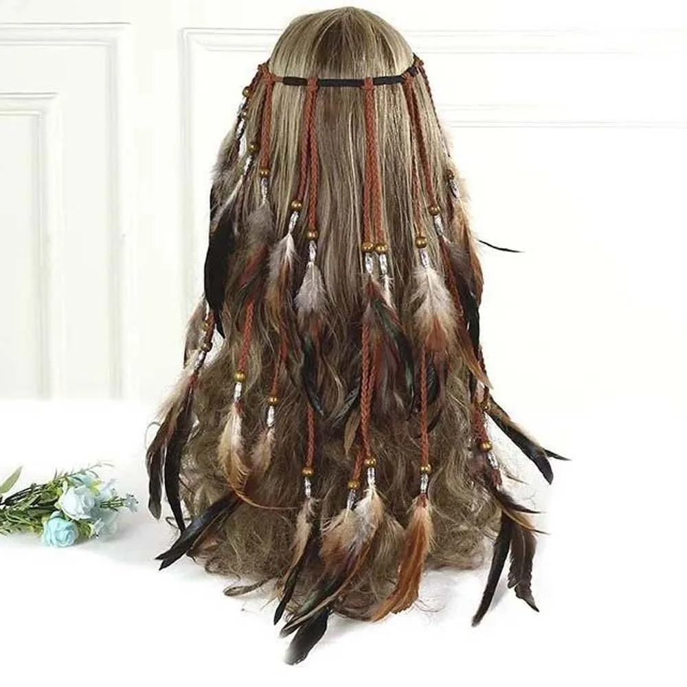 

Synthetic Braided Cord Boho Feather Headpiece Adjustable Slide Bead Vibrant Orange Plumage Tribal Hair Extension Secure Fit Band