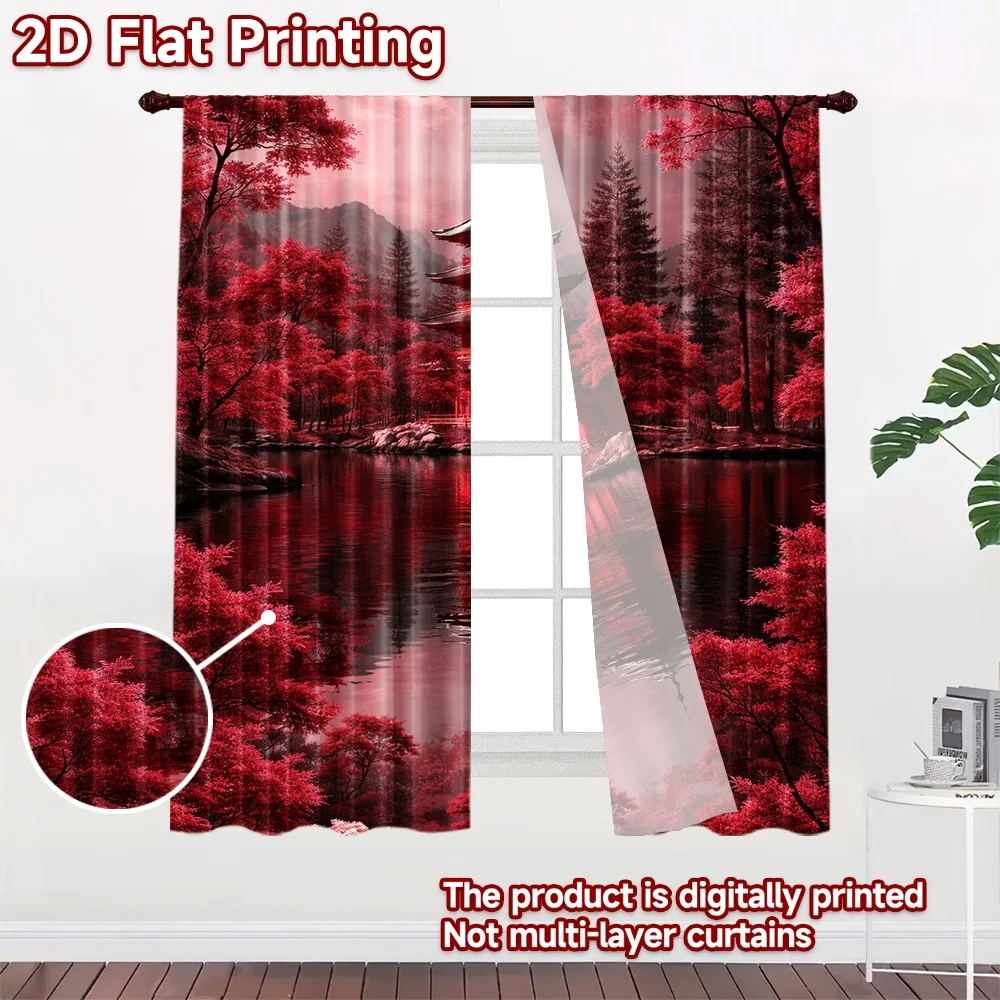 2D flat printing 2pcs Curtain Party Curtain Serene Red Pagoda Scene Digital Printed Polyester Drapes Holiday Decorations Perfect