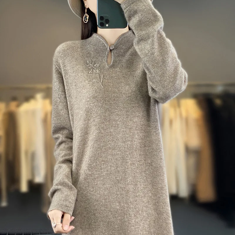 % Wool Spring New Women's Stand Collar New Style Overknee Sweater Dress Lengthened Cheongsam Knitted Dress