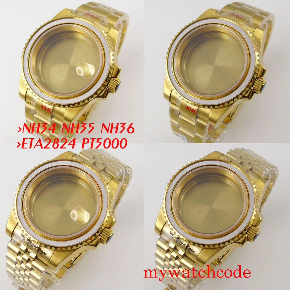 40mm Waterproof Diver Yellow Gold Watch Case for NH34 NH35 NH36 NH38 NH39 ETA2824 PT5000 MIYOTA DG Jubilee Bracelet Sapphire