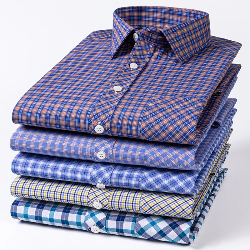 Thin 100% Cotton Plaid Long Sleeve Shirts for Man Slim Fit Formal Plian Shirt Soft Trends Casual Office Elegants Designer Clothe