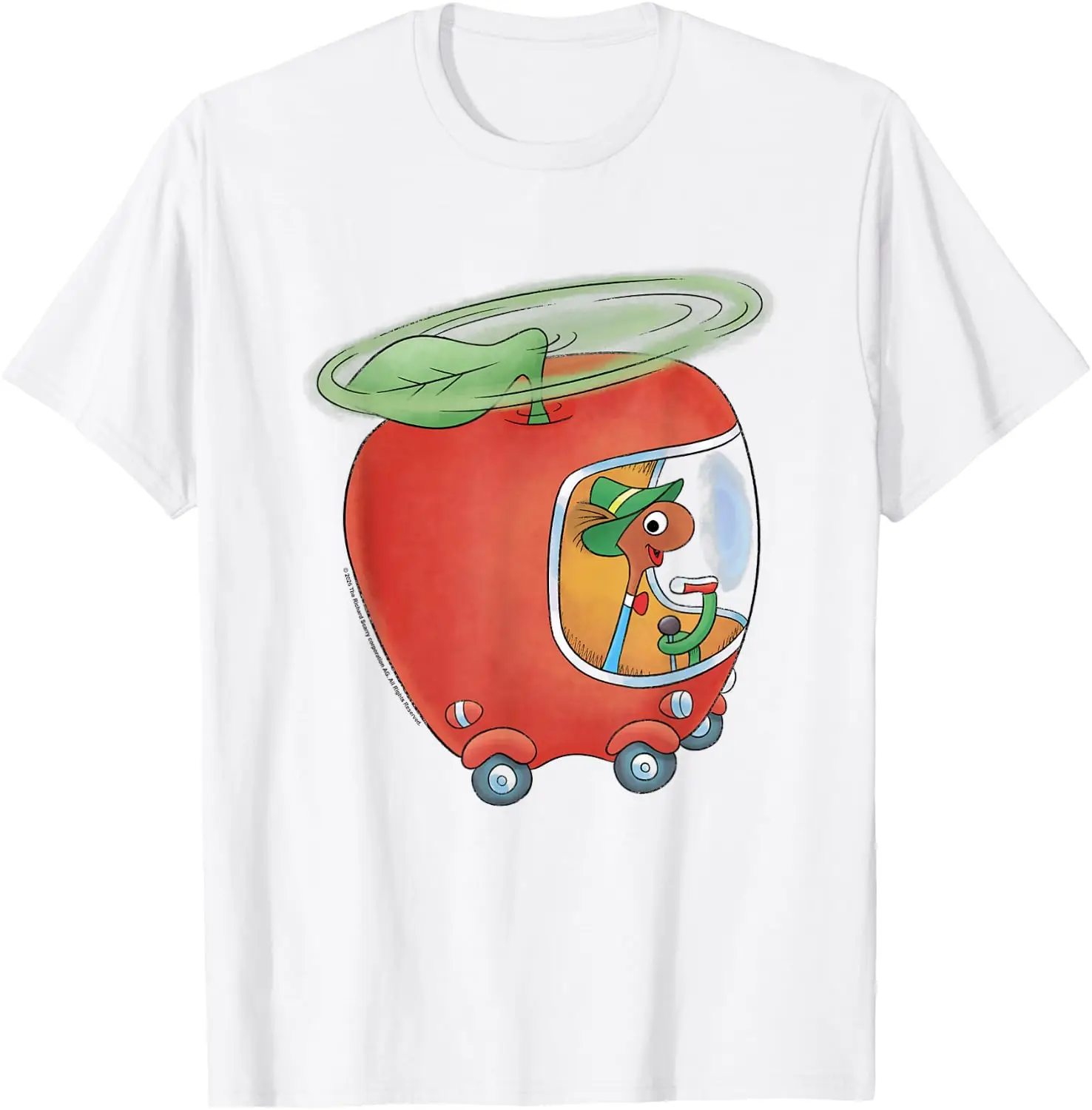 Lowly Worm Apple Helicopter Flying T-Shirt Men Women Unisex Novelty Graphic T‑Shirt, Classic Crew Neck 100% Cotton Tee, Lightweight Anti‑Pilling Breathable Casual Tops, Year‑Round Daily Outfit, Holiday Birthday Present Tee for Friends Family